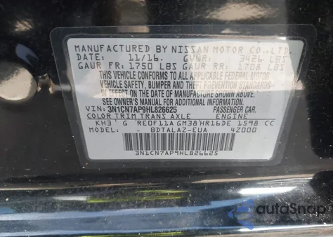 2017 Nissan Versa 1.6 S+ z USA, uszkodzony, nr VIN 3N1CN7AP9HL826625